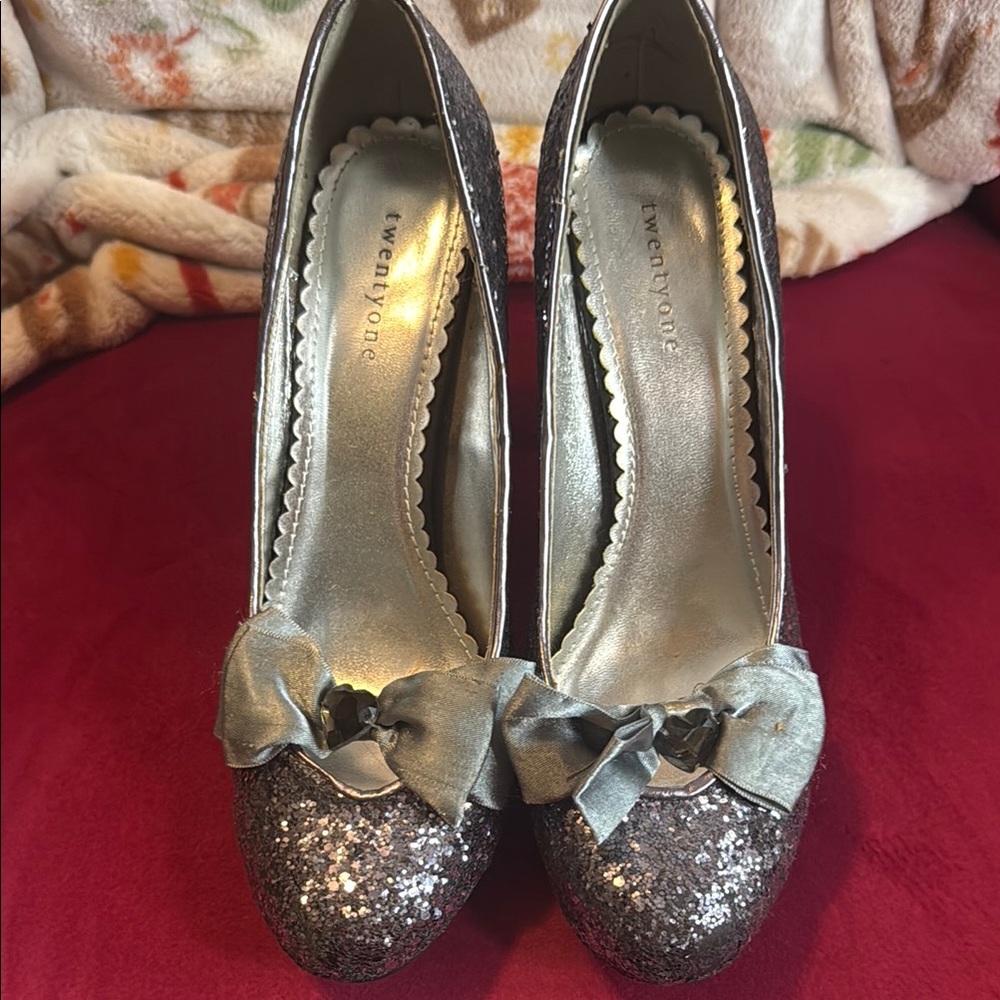 Forever 21 Silver Heels with Glitter Bows